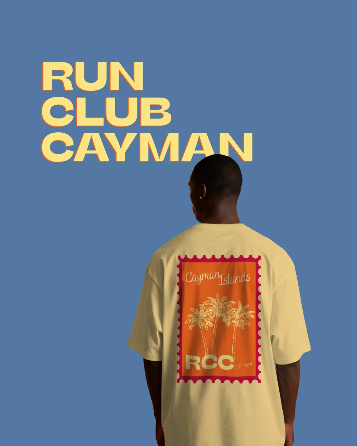 Run Club Cayman yellow tee, back view